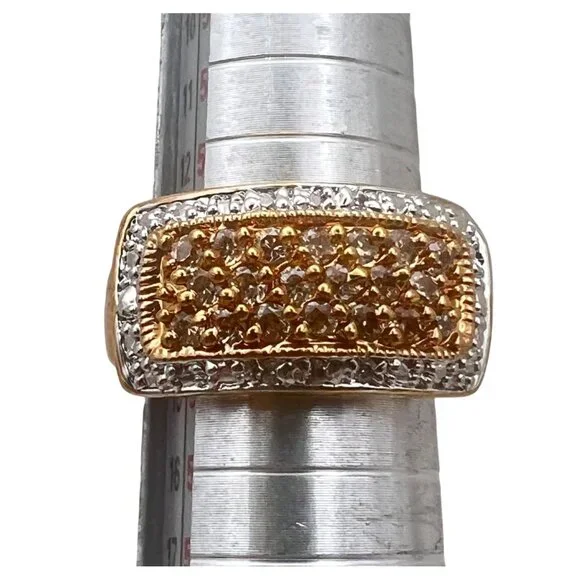 Pave Gold Tone Ring Yellow CZ Silver Tone Accent Size 7 Cocktail Statement 6.62g - Picture 2 of 8